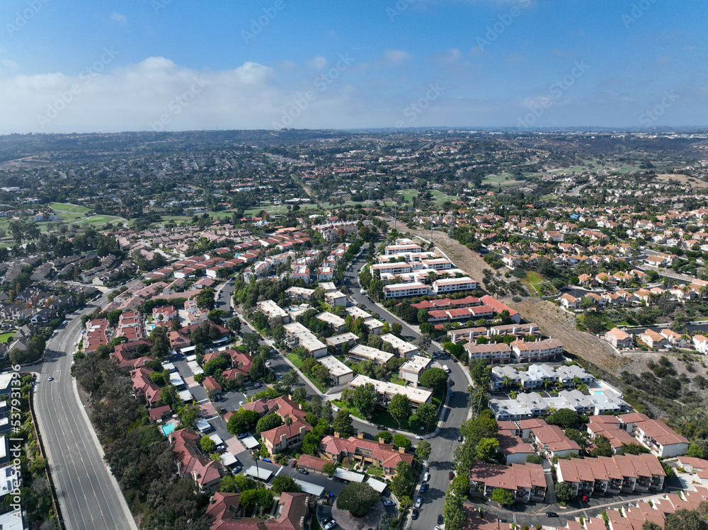 Aerial view of middle class neighborhood in Carlsbad, North County San Diego, California, USA.