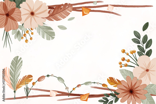 watercolor boho background with flowers leaves vector design illustration