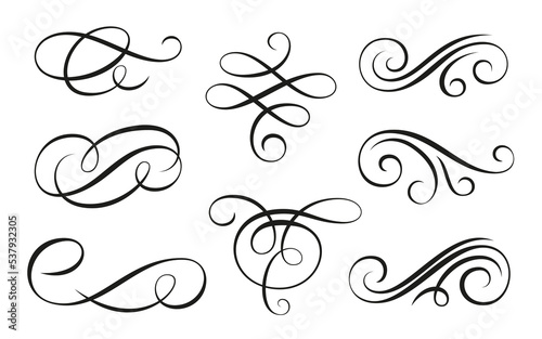 Calligraphic swirl ornament, live line flourish set. Filigree ornamental curls. Decorative design elements for menu, vignette, certificate diploma, wedding card, invatation, outline text divider