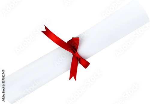 Diploma tied with red ribbon on white background