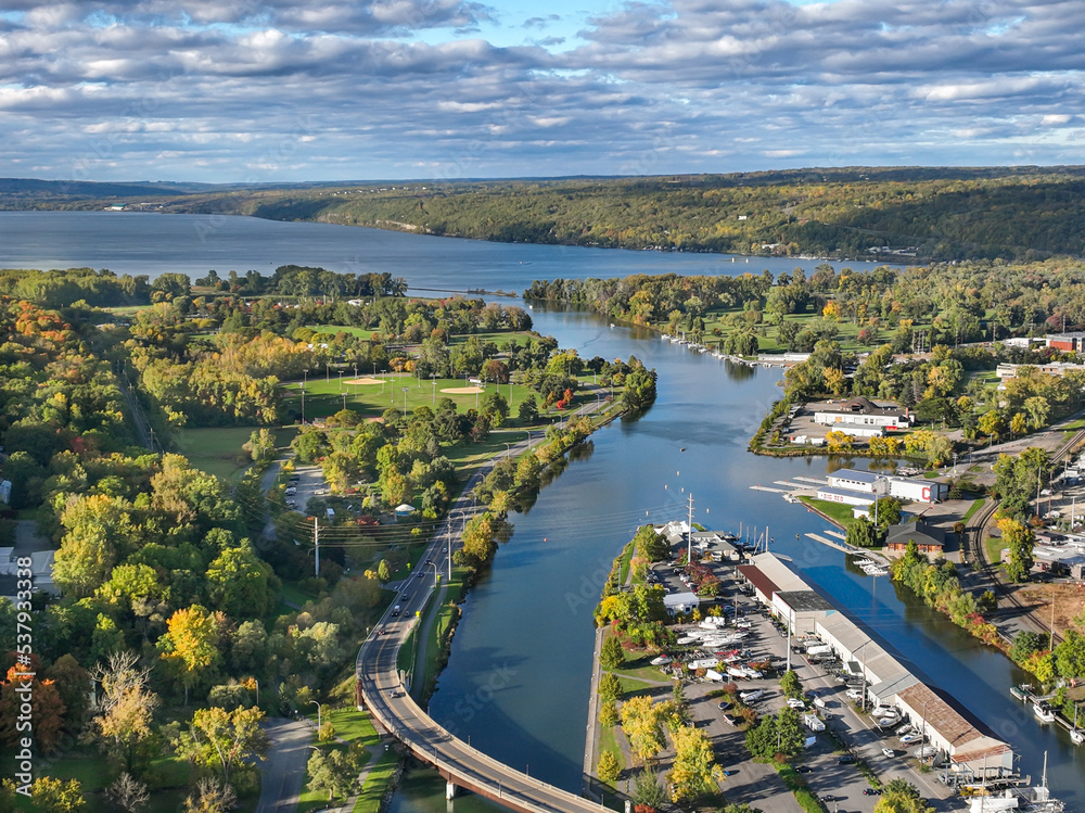 Early afternoon autumn aerial photo view of  Ithaca New York. 
