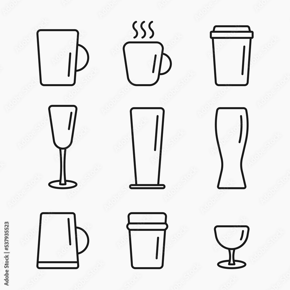 coffee tea beer glass line icon set vector flat illustration