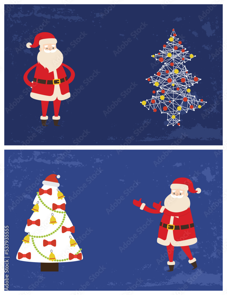 Joys and Merry Christmas greeting card on 2019 New Year holiday. Vector postcard Santa Claus and decorated Xmas tree topped by hat with bows, bells Joys and Merry Christmas greeting card on 2019 New Year holiday. Vector postcard Santa Claus and decorated Xmas tree topped by hat with bows, bells