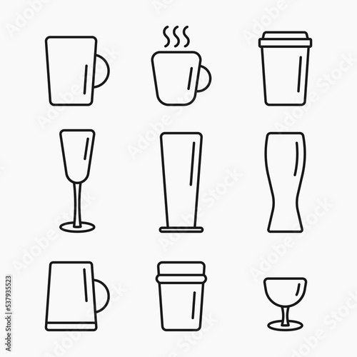 coffee tea beer glass line icon set vector flat illustration