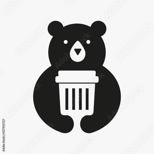 Initial Bear Recycle Bin Logo Negative Space Vector Template. Bear Holding Trash Symbol