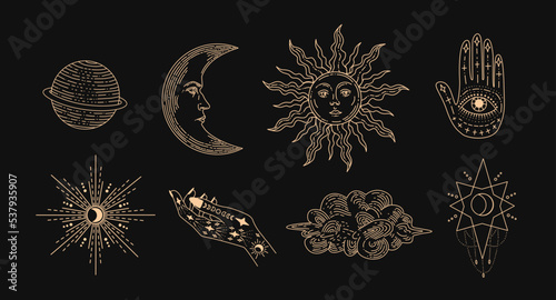 Set of linear vector illustrations. Hand drawn celestial illustrations depicting the sun, moon, planet, clouds. design elements for decoration in a modern style. magic drawings.