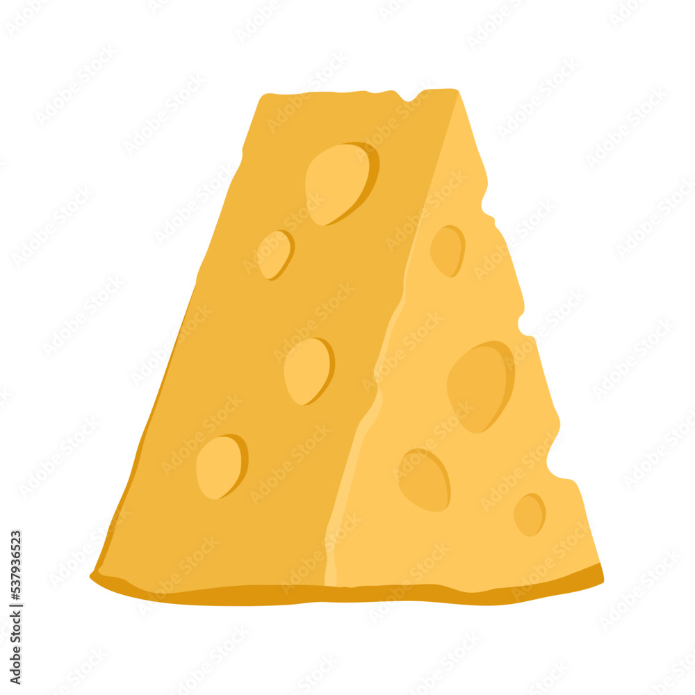 Piece of swiss tasty cheese in triangular shape isolated on white background. Healthy organic food. Holland cheese with holes. Vector cartoon illustration Piece of swiss tasty cheese in triangular shape isolated on white background. Healthy organic food. Holland cheese with holes. Vector cartoon illustration
