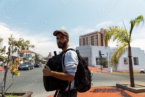Backpacker exploring town