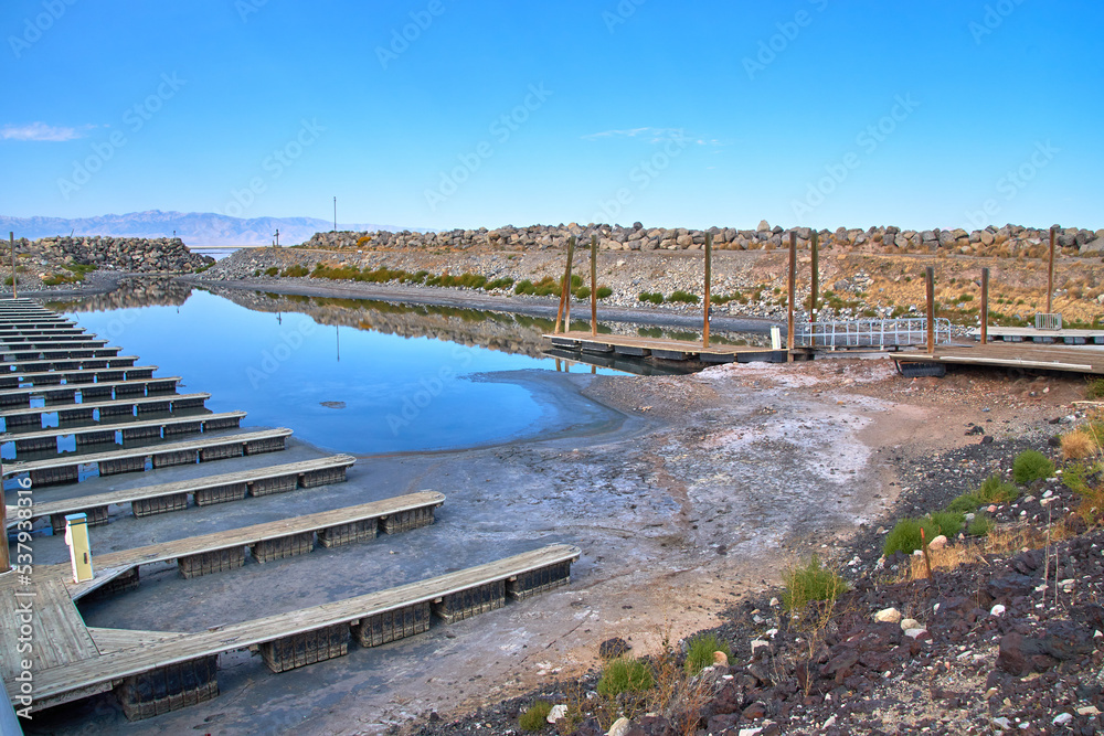 A marina is made unusable due to receding water levels caused by global warming at Great Salt Lake State Park, Utah in 2021.