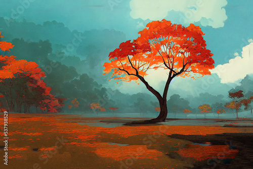 Digital illustration of autumn bloossom tree. Fantasy painting, artificial intelligence artwork, printable wall art