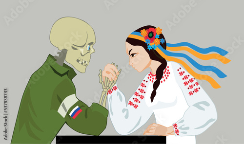 Сoncept of military confrontation between Ukraine and Russia. A Ukrainian girl fights death in a Russian military uniform.