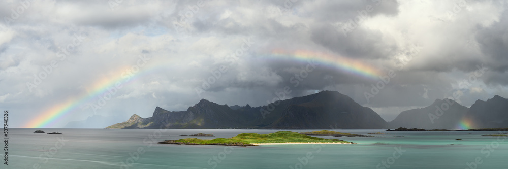 Flakstadoya Mountains Rainbow Lofoten Islands Flakstadoya Mountains Rainbow Lofoten Islands