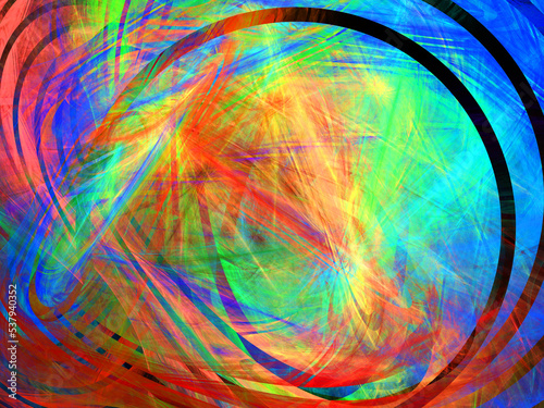 Composición de arte abstracto digital consistente en líneas curvas coloridas y trazos solapados en un conjunto que simula ser ondas parabólicas de una estrella naciente.