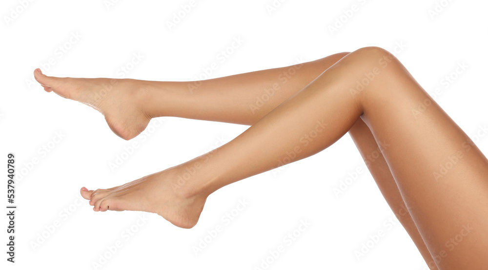 Woman with beautiful long legs on white background, closeup Woman with beautiful long legs on white background, closeup