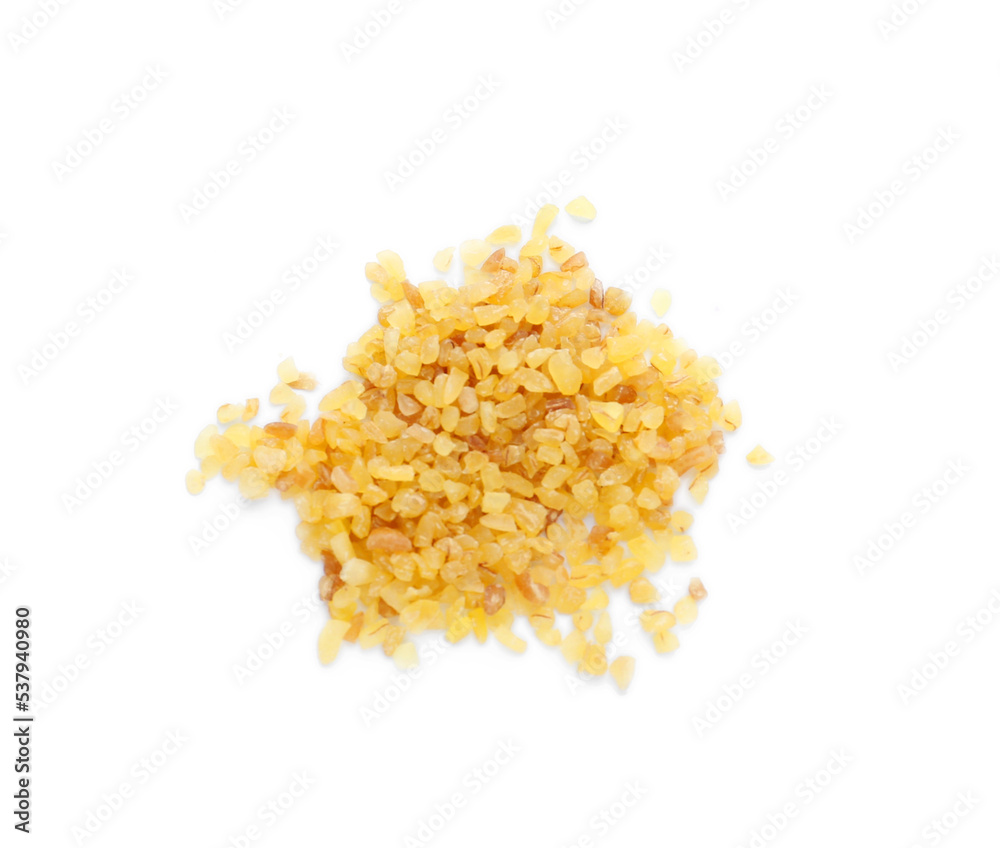 Pile of uncooked bulgur isolated on white, top view Pile of uncooked bulgur isolated on white, top view