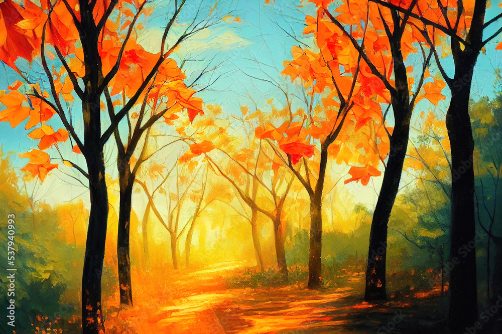 Autumn forest , orange leaves.Original landscape painting with oil paints.