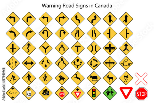 Road signs in Canada. Canadian warning signs. Vector illustration. Stock picture. 