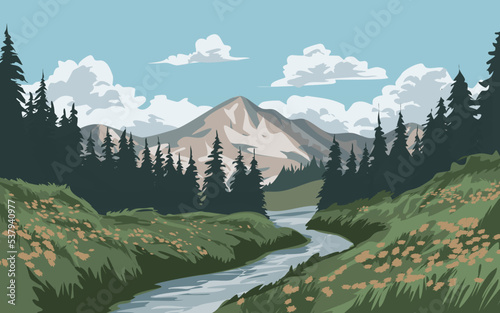 Flat mountain and forest vector landscape with river and flowers