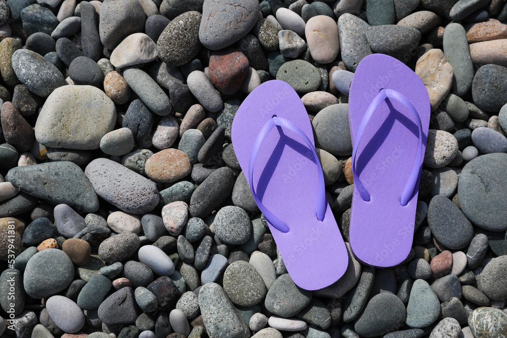Stylish lilac flip lops on pebble beach, flat lay. Space for text Stylish lilac flip lops on pebble beach, flat lay. Space for text