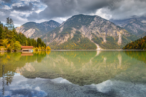 Eibsee lake with Zugspitze mountain range, German Alps, Bavaria, Germany