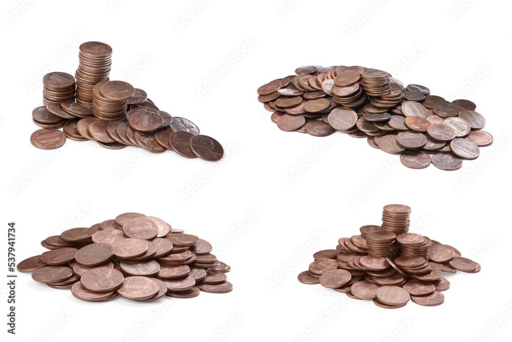 Set with piles of coins on white background. Banner design Set with piles of coins on white background. Banner design