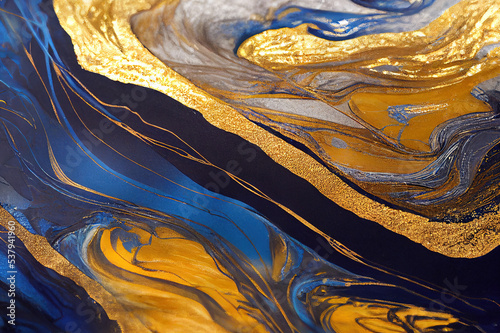 High resolution. Luxury abstract fluid art painting in alcohol ink technique, mixture of dark blue, gray and gold paints. Imitation of marble stone cut, glowing golden veins. Tender and dreamy design.