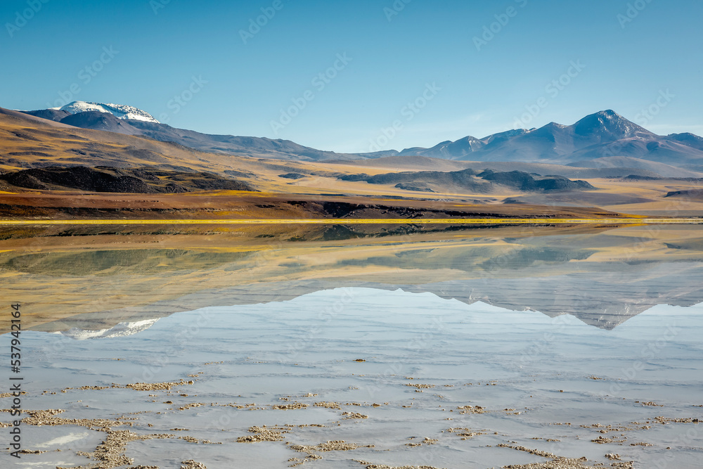 Laguna Tuyajto, salt lake in Atacama desert, volcanic landscape, Chile Laguna Tuyajto, salt lake in Atacama desert, volcanic landscape, Chile