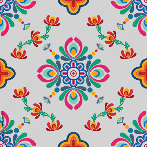 Ikat ethnic seamless pattern decoration design. Aztec fabric carpet boho mandalas textile decor wallpaper. Tribal native motif ornaments traditional embroidery vector background 