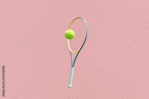 Tennis racket hitting a green tennis ball 