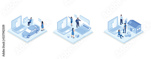 Financial management illustration set. Characters paying credit, mortgage, taxes and household invoice bills. Personal finances, loans and debt concept, set isometric vector illustration