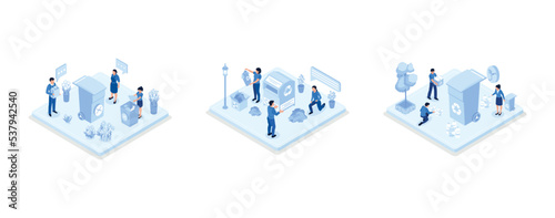 Sustainability illustration set. Characters reducing food waste, buying reused clothes, recycling plastic bottles. Reduce, reuse, recycle and zero waste concept, set isometric vector illustration