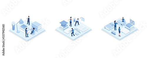 Online education concept. Online training courses, specialization, university studies, Language school concept banner with character. Can use for web banner, infographics, hero images, Students Learni