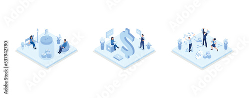 Passive income illustration set. Characters enjoying financial freedom and independence. Successfully and free of debts people planning budget, set isometric vector illustration