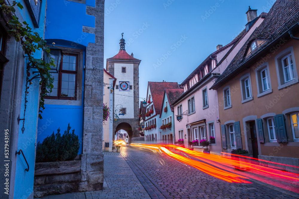 Old town of Rothenburg ob der Tauber at dawn, Franconia, Bavaria, Germany