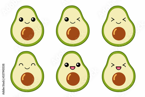 Vector illustration of cute avocado cartoon character isolated on white background. Fruit cartoon set with kawaii smiling emoji.