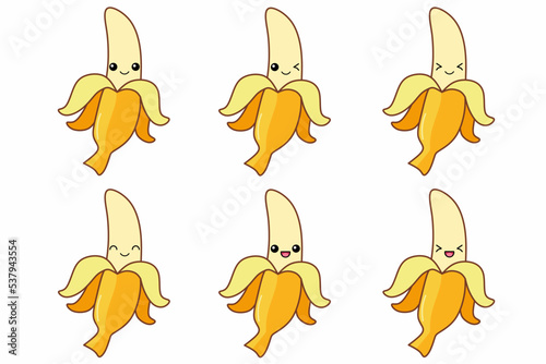 Vector illustration of cute banana cartoon character isolated on white background. Fruit cartoon set with kawaii smiling emoji.