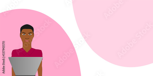 Banner with illustration of black boy with short-sleeved shirt on computer