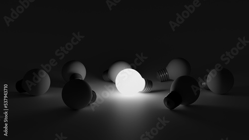 Light bulbs with glowing one different idea. Creativity and innovation ideas concept. Leadership  innovation  great idea and individuality concepts. 3d rendering