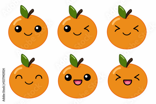 Vector illustration of cute orange cartoon character isolated on white background. Fruit cartoon set with kawaii smiling emoji.