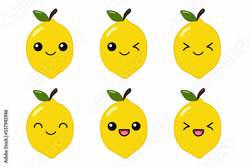 Vector illustration of cute lemon cartoon character isolated on white background. Fruit cartoon set with kawaii smiling emoji. photo