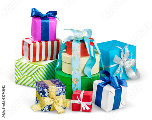 Gift boxes with ribbons and bows on white background