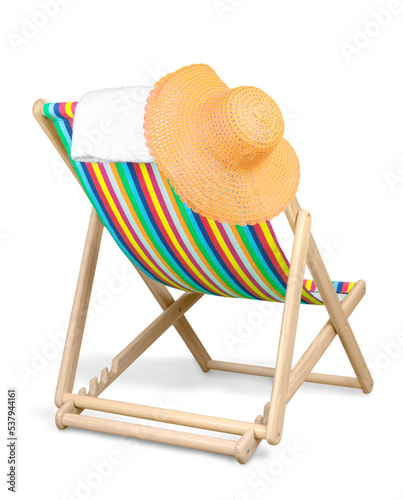 Chaise-longue chair  hat and towel isolated on white