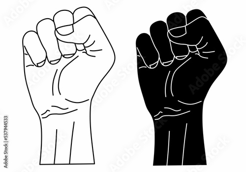 outline Silhouette raised fist hand set isolated on white background