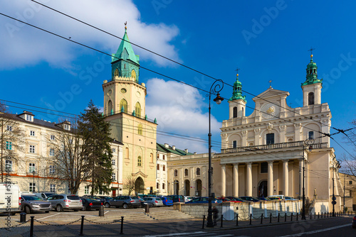 View of Roman Catholic Cathedral of St. John Baptist in centre of Polish city of Lublin in sunny spring day