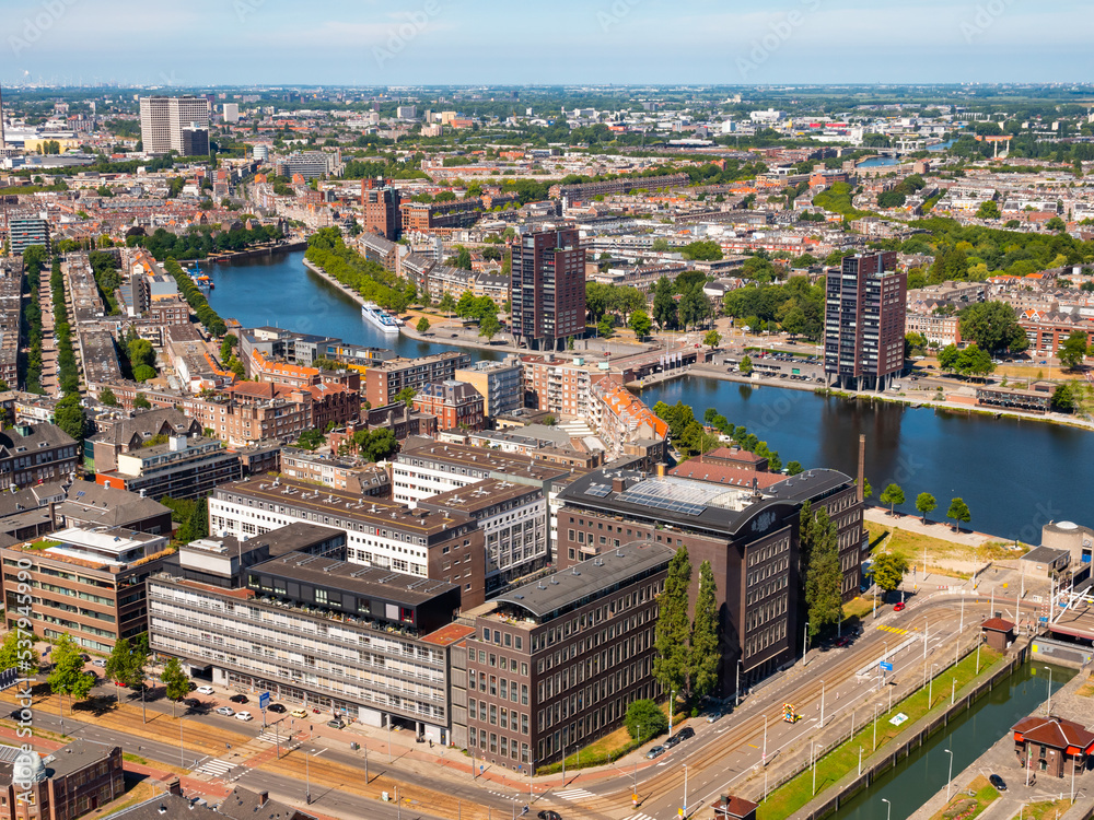 Picturesque summer landscape from a drone in the Delfshafen district in the city of Rotterdam, located on the right bank of ..the New Meuse River, Netherlands
