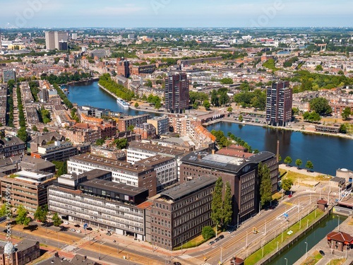 Picturesque summer landscape from a drone in the Delfshafen district in the city of Rotterdam, located on the right bank of ..the New Meuse River, Netherlands © JackF