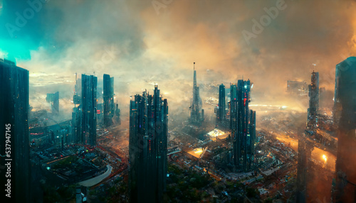 Modern Futuristic Green Utopia Oasis City in Red Desert Conceptual CG Art Illustration. Sci-Fi Environmentally Friendly Buildings Scenery Background. AI Neural Network Generated Art Wallpaper
