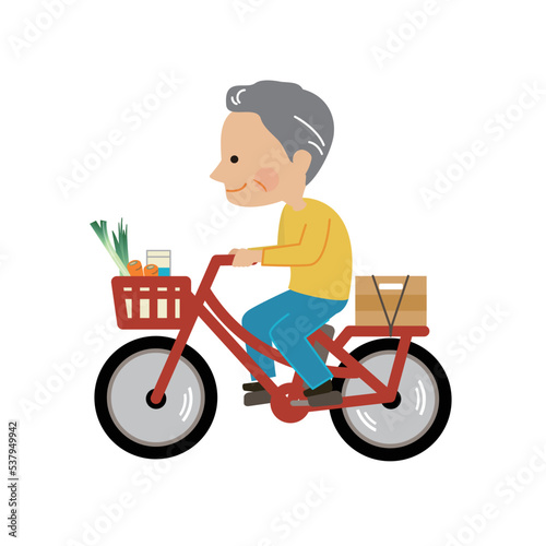 買い物　自転車に乗る高齢者のイラスト素材