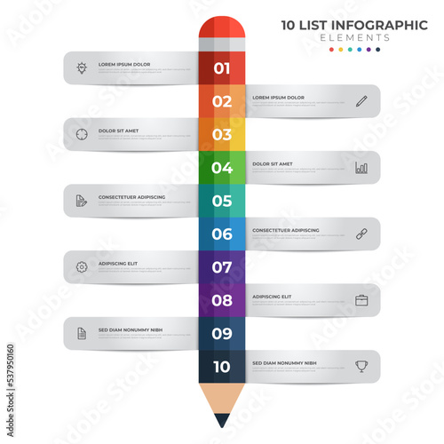 colorful pencil diagram infographic element template, vertical row layout diagram with 10 list of steps