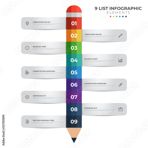 colorful pencil diagram infographic element template, vertical row layout diagram with 9 list of steps photo